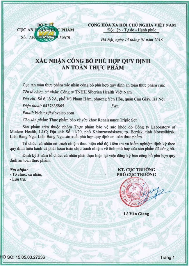 Chứng nhận sản phẩm Siberian Health