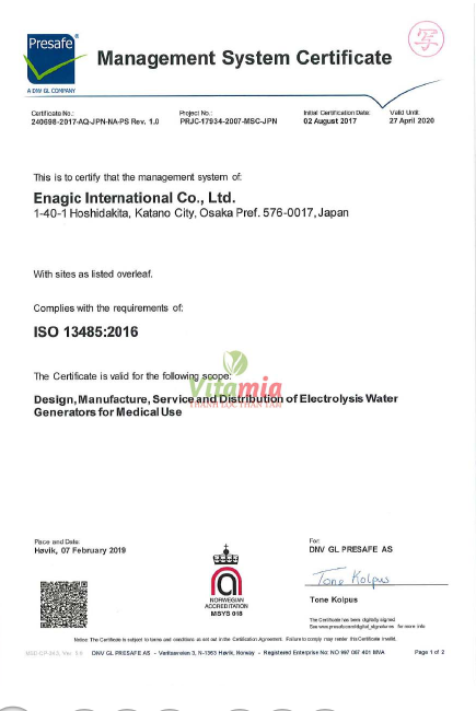 Chứng nhận ISO 13485 của máy lọc nước Kangen