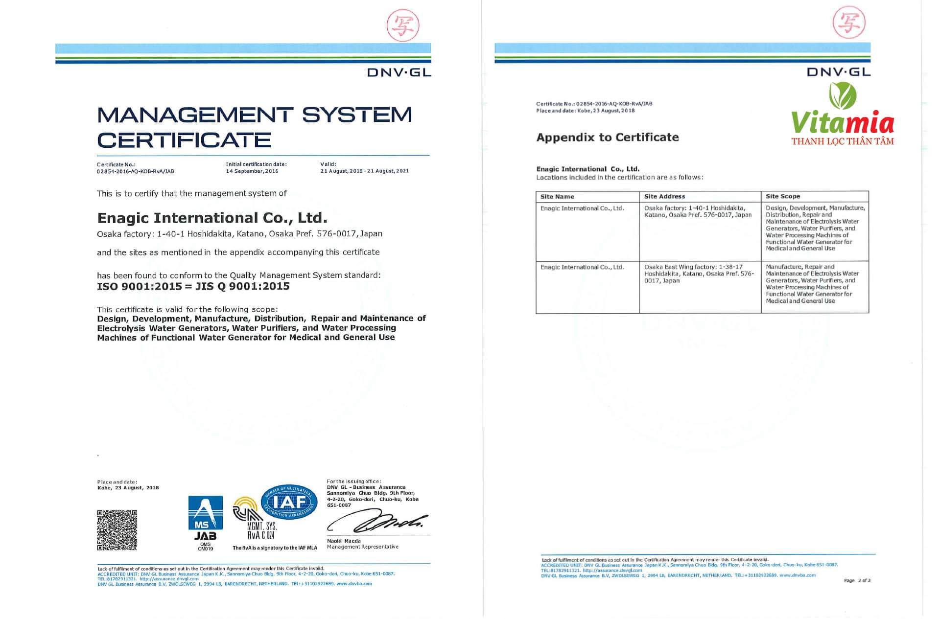 Chứng nhận ISO 9001 máy lọc nước Kangen
